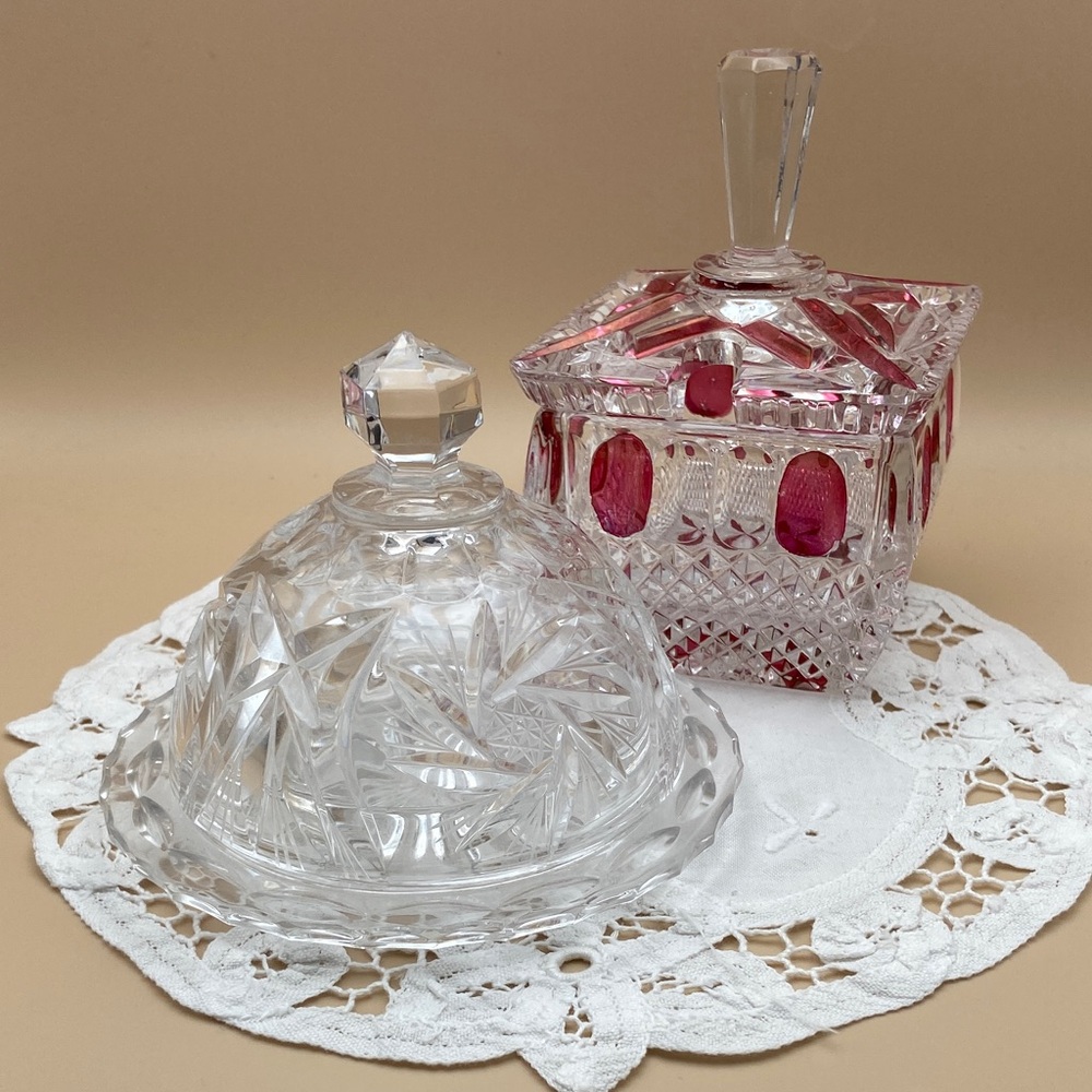 Crystal Glass Covered Butter Dish and Ruby-Accent Lidded Jar - Clear and Red